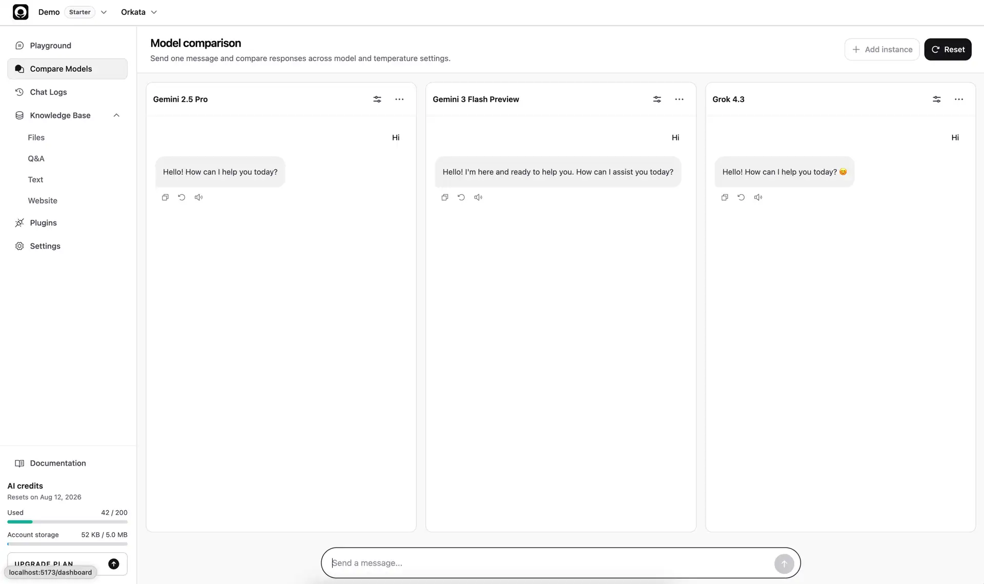 Compare Models showing the same customer question and side-by-side answers