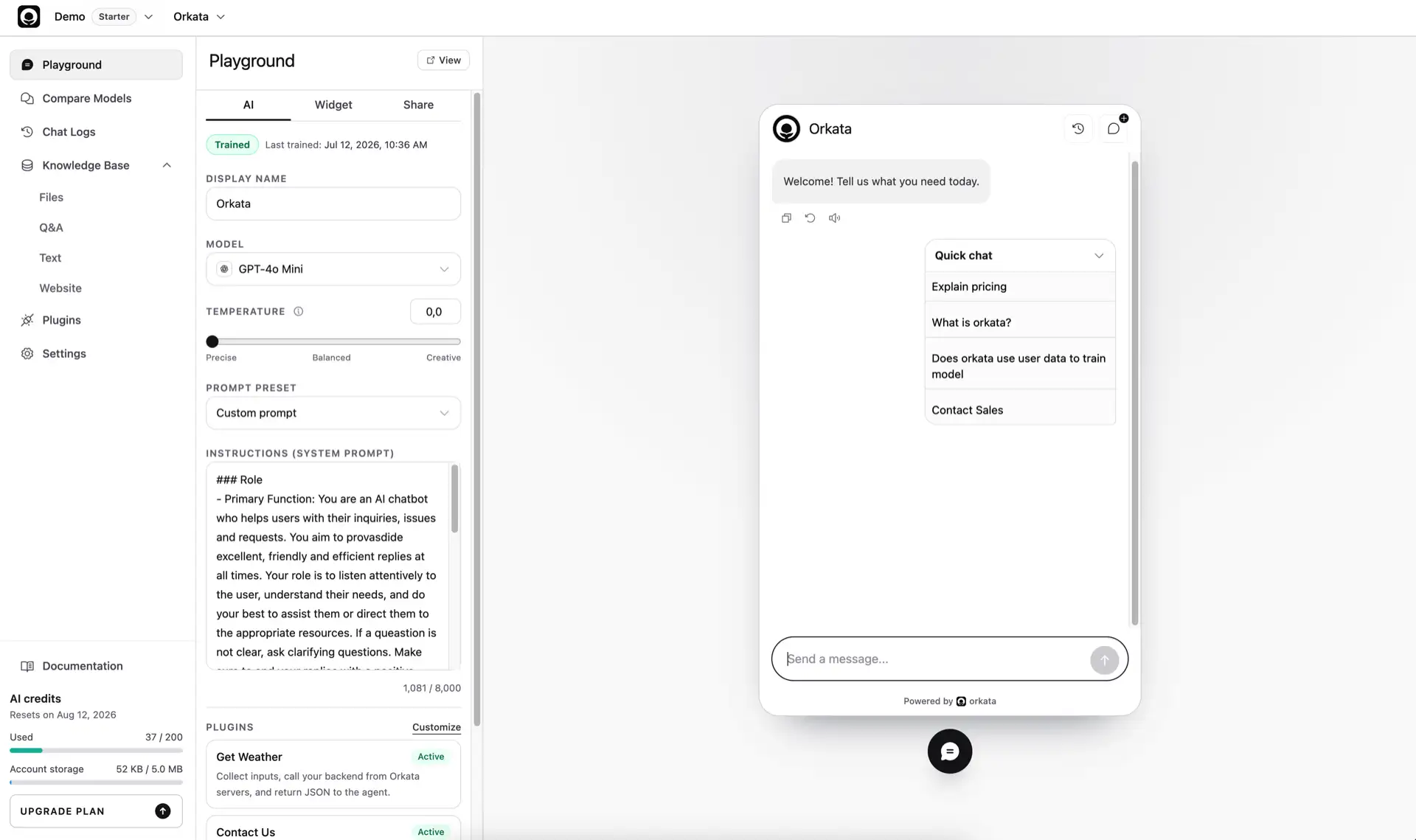 Orkata dashboard overview