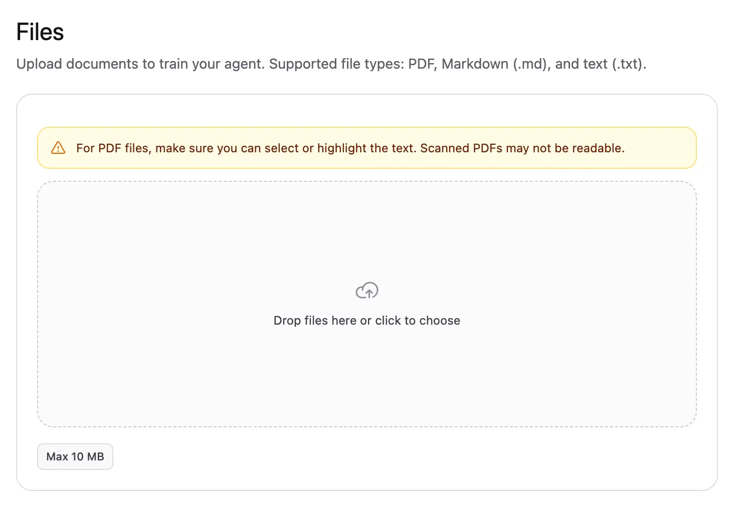 Files upload area showing supported formats and the selectable-text PDF warning