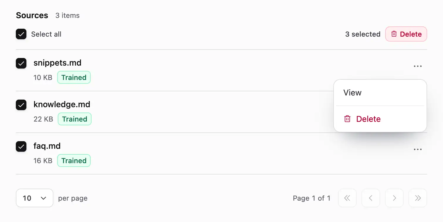 Source list with Select all, selected count, pagination, and a three-dot item menu