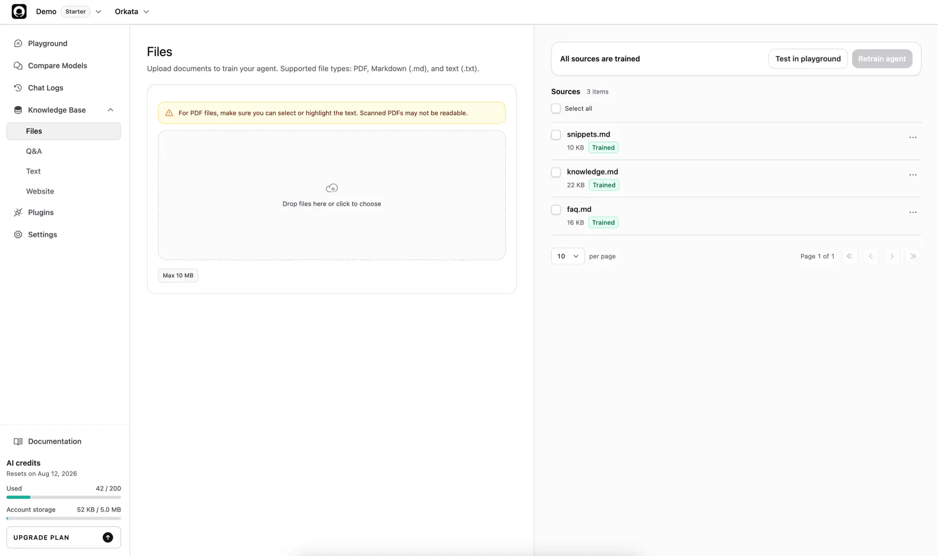 Knowledge Base sidebar and the four source-type pages