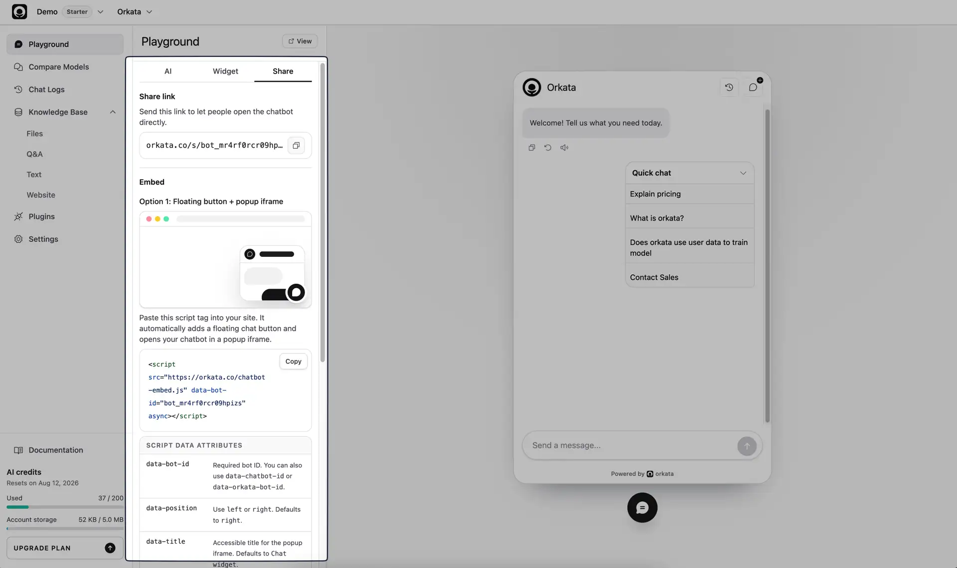 Share tab showing the public link, floating widget script, and direct iframe options
