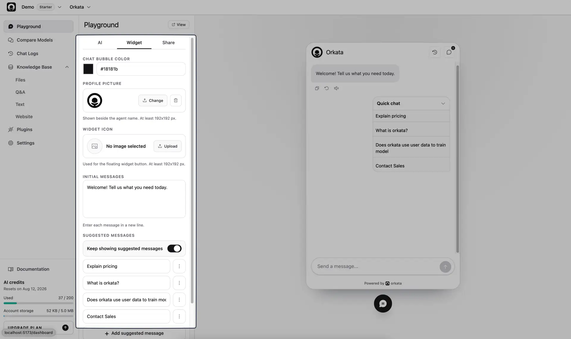 Widget configuration for images, color, initial messages, and suggested messages