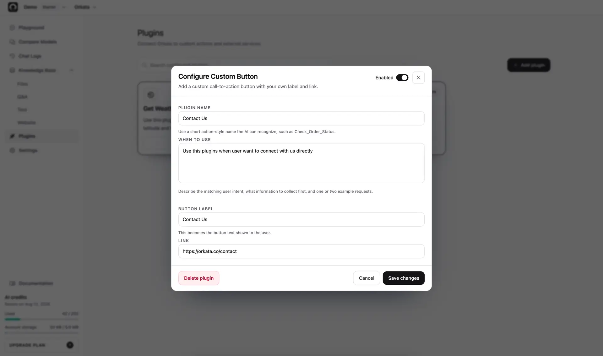 Custom Button plugin editor showing its internal name, trigger guidance, label, and link