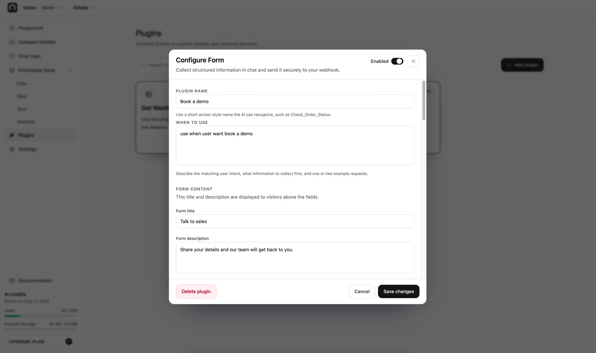 Form plugin editor showing title, description, fields, success message, and webhook settings