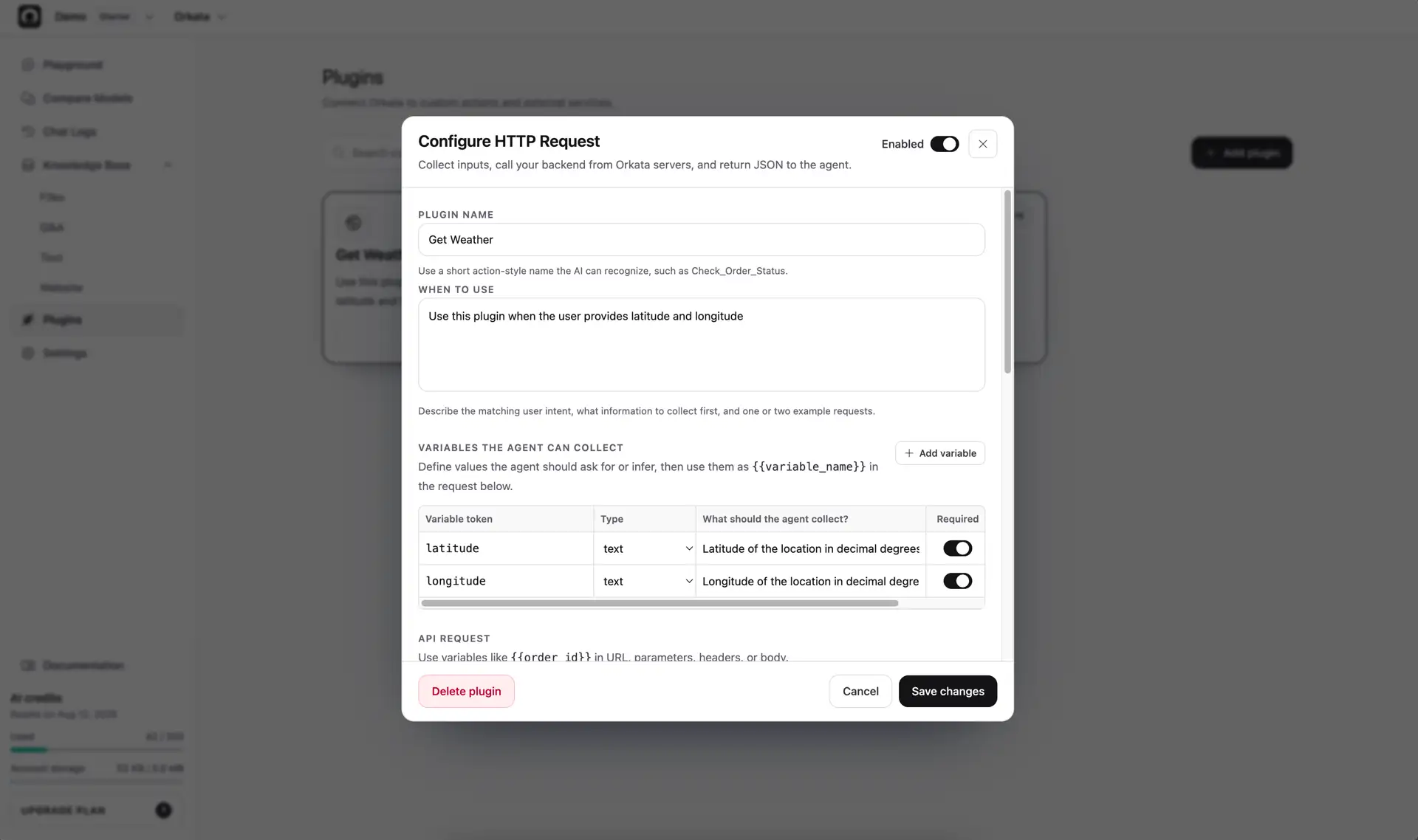 HTTP Request plugin editor with variables, URL, headers, JSON body, and Test request