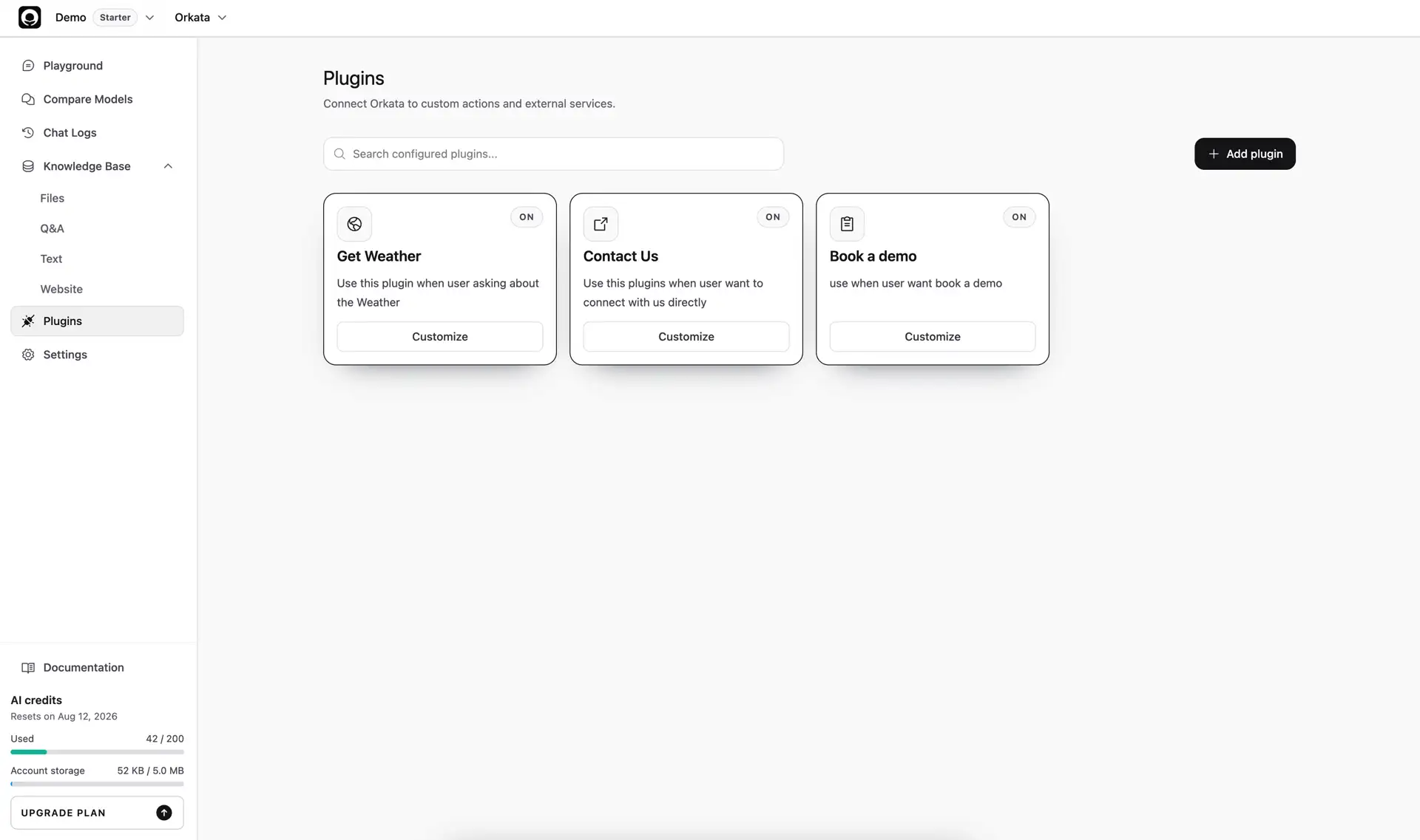 Plugins page showing plugin cards, search, Configure, and Add plugin