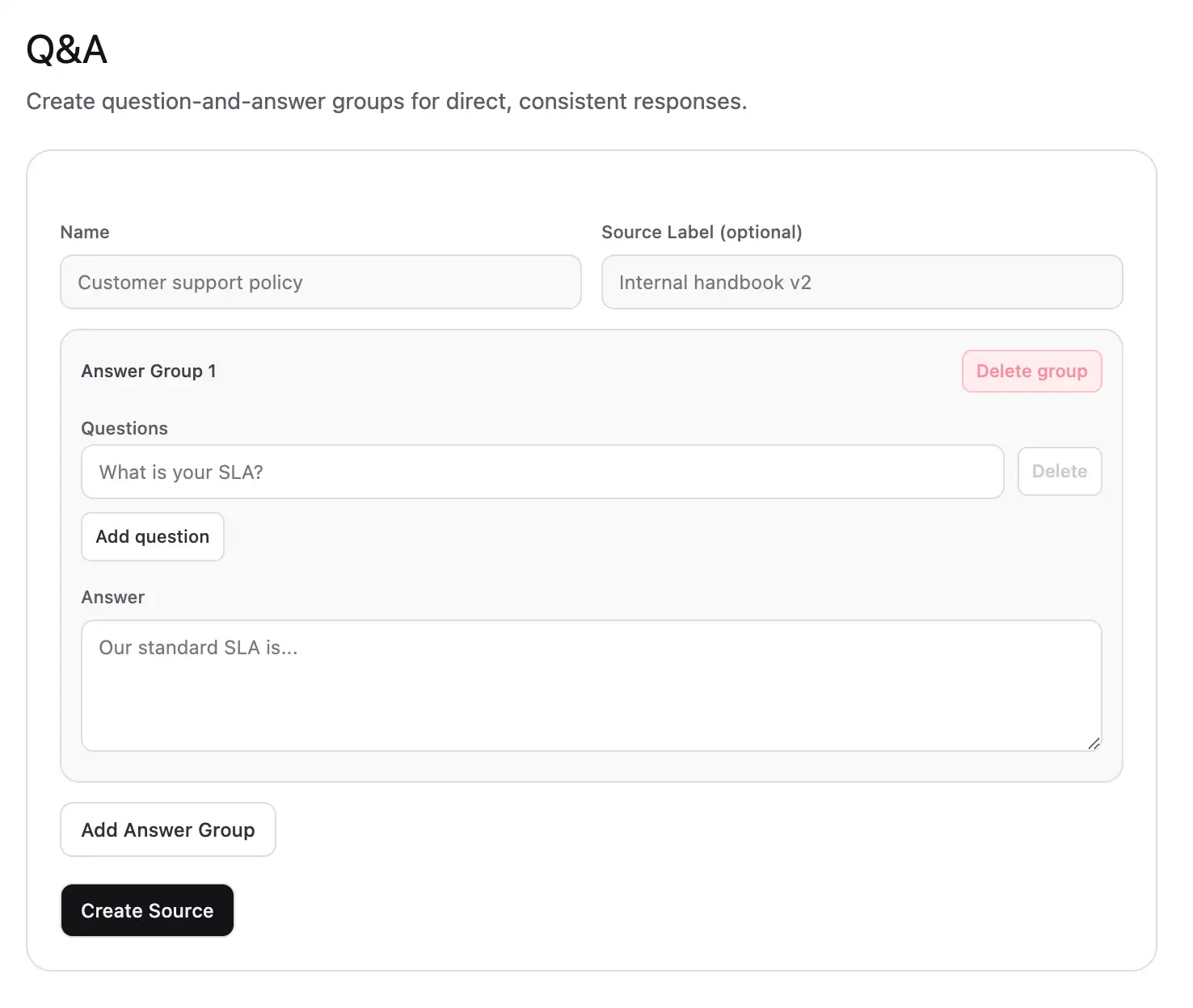 Q&A source editor showing several question variations connected to one answer