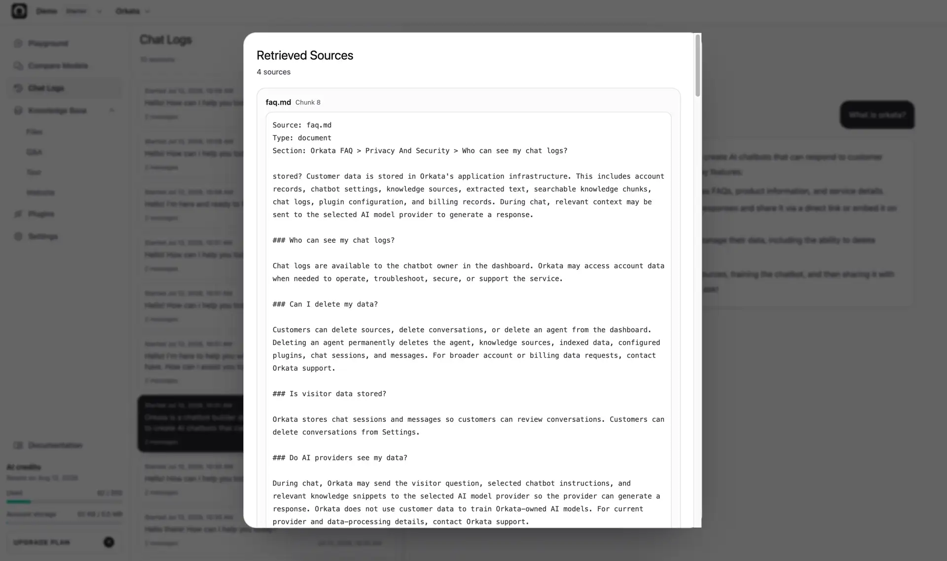 Chat Logs Retrieved Sources dialog used to diagnose a weak answer