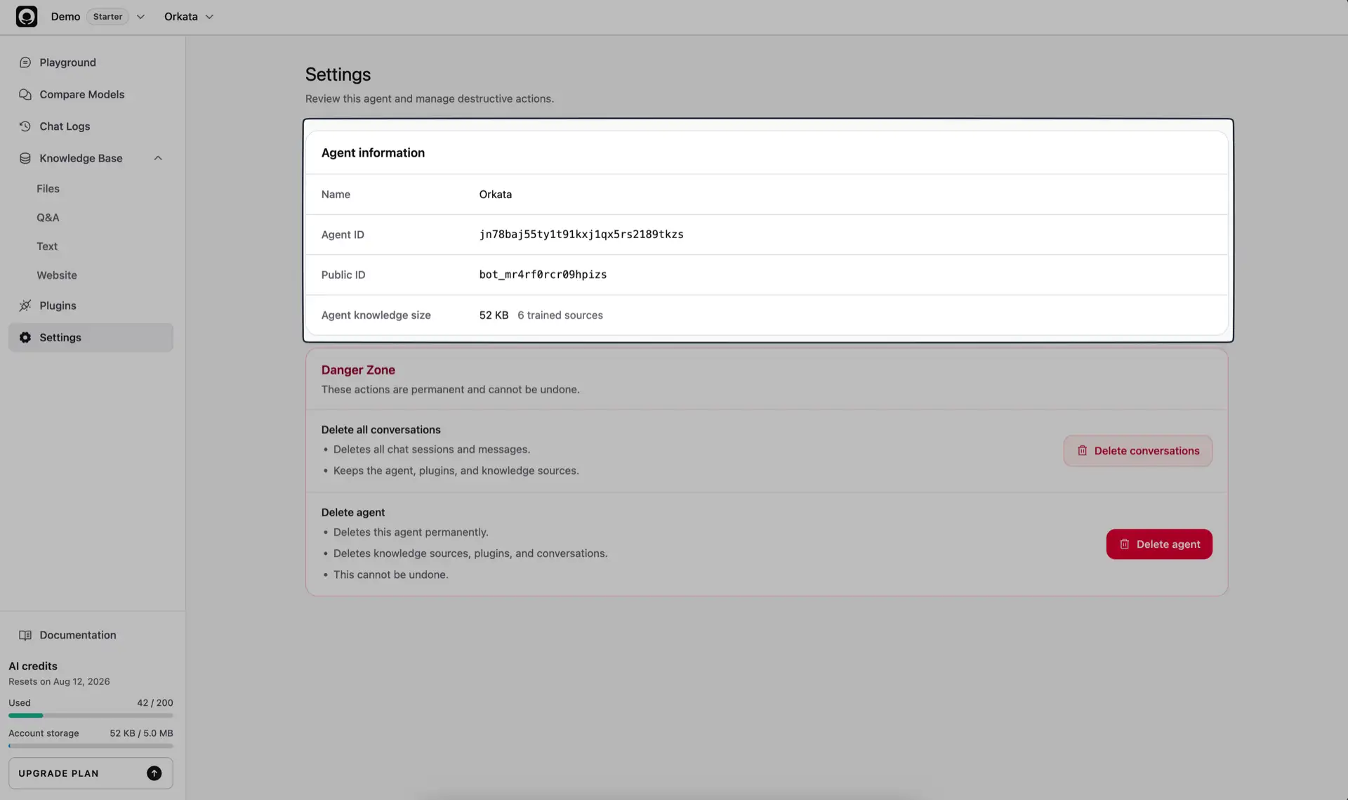 Settings Agent information card showing name, IDs, knowledge size, and trained sources