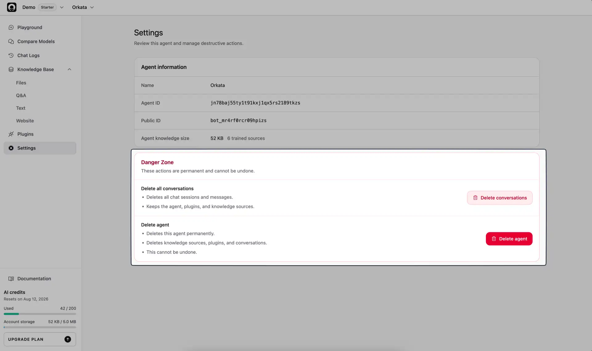 Settings Danger Zone with Delete all conversations and Delete agent confirmation actions