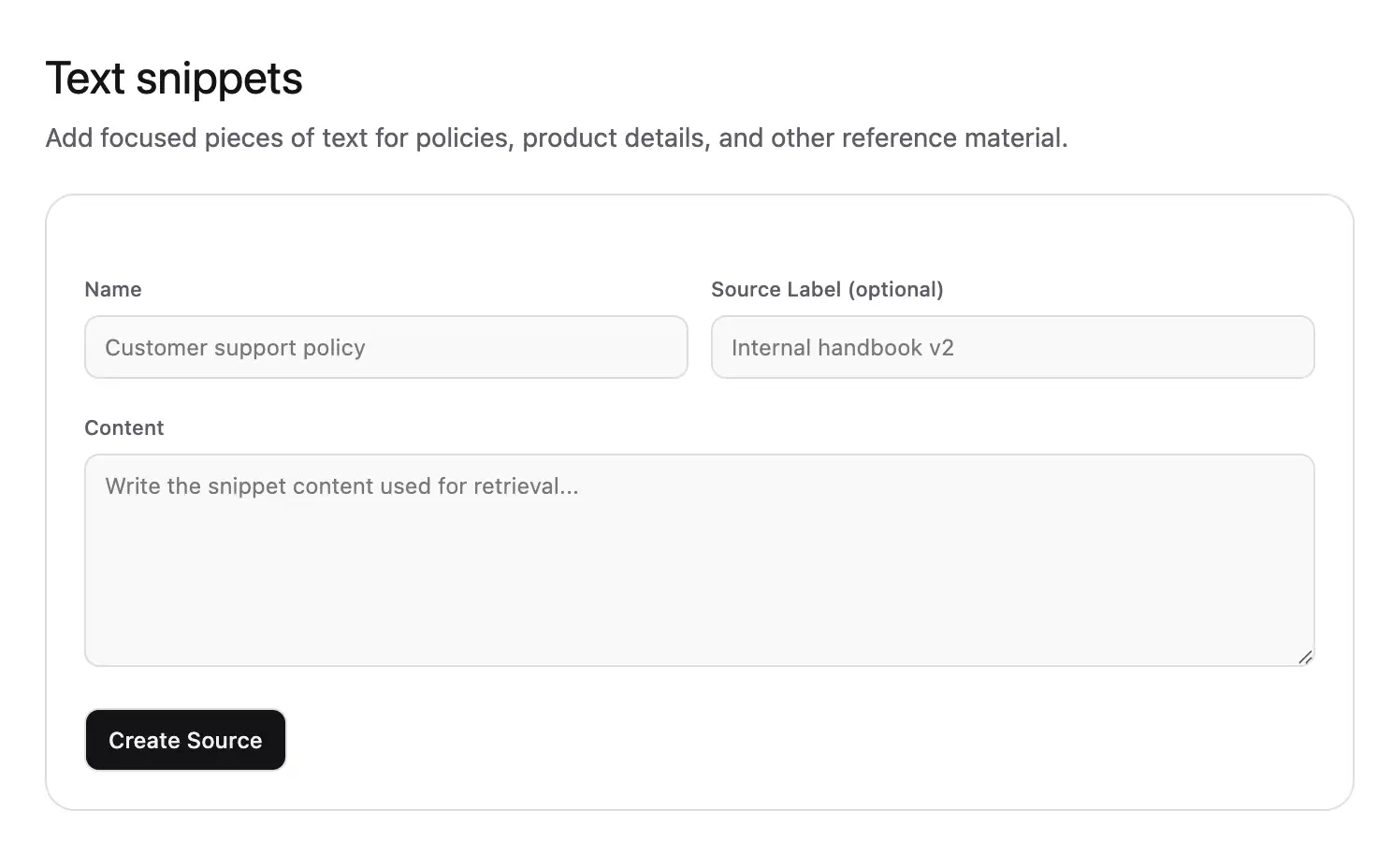 Text source editor showing Name, Source Label, and Content