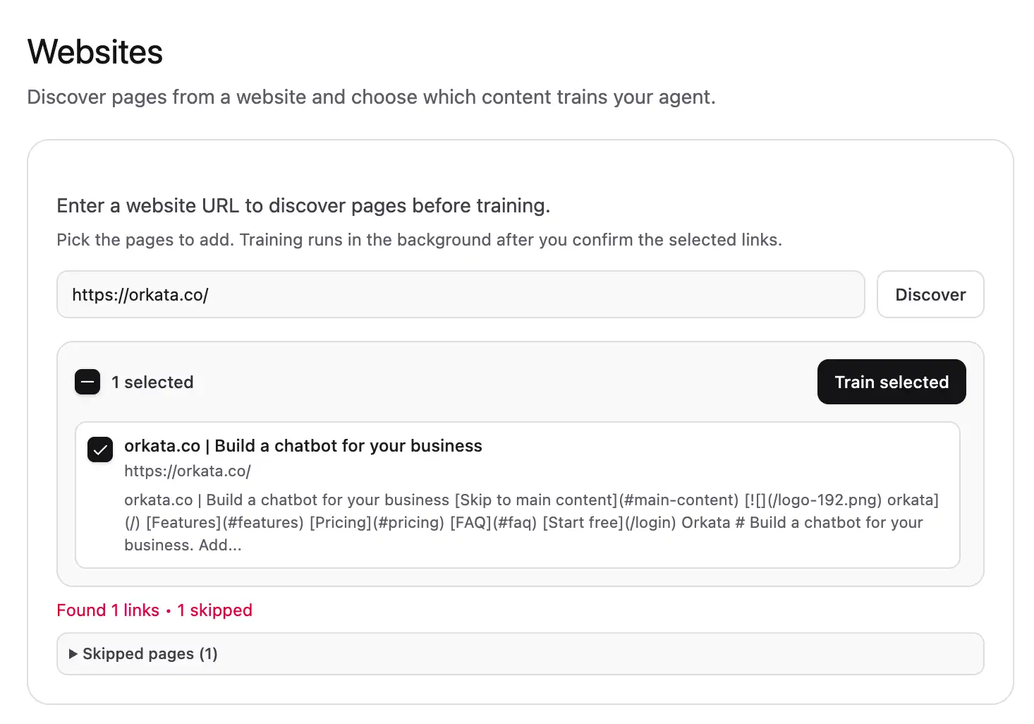Website discovery results with found URLs, page checkboxes, and Train selected
