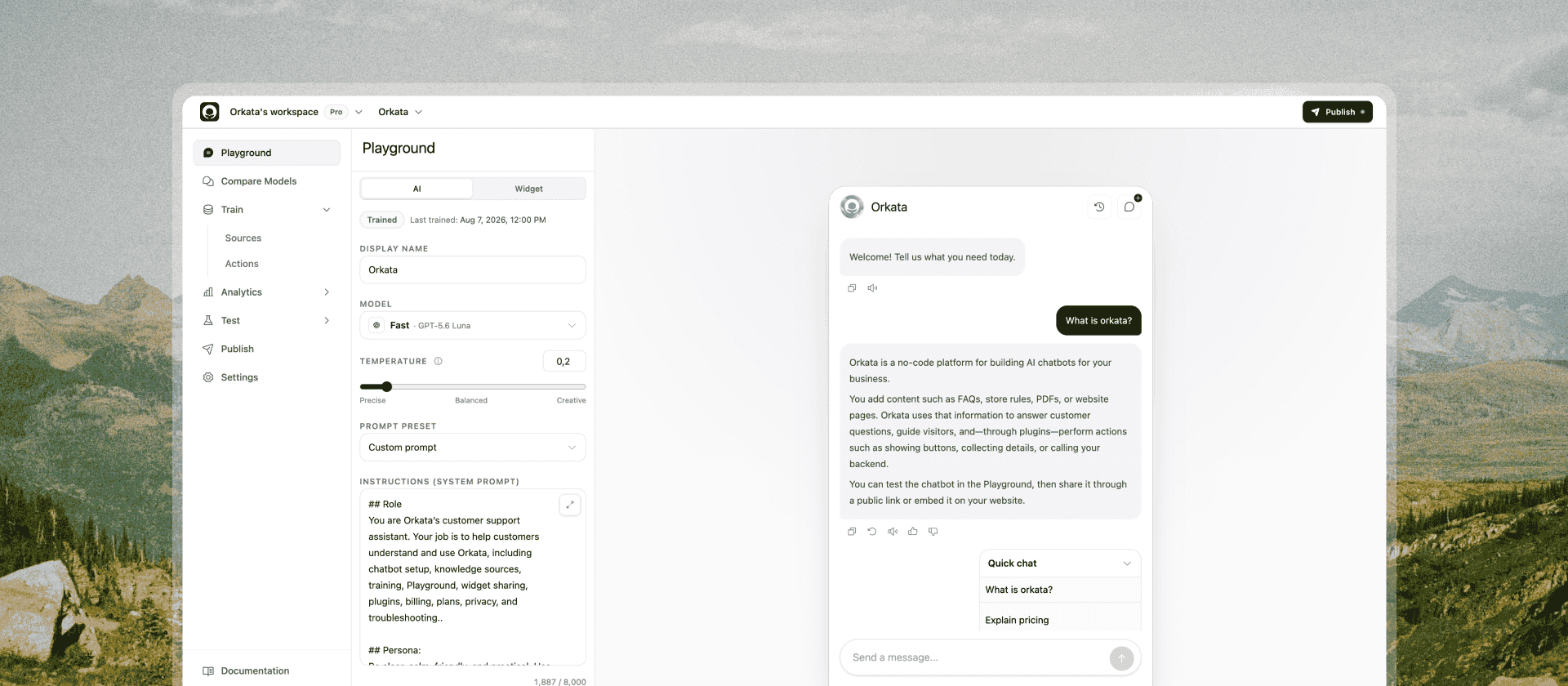 Orkata Playground showing AI settings beside a live customer chat preview